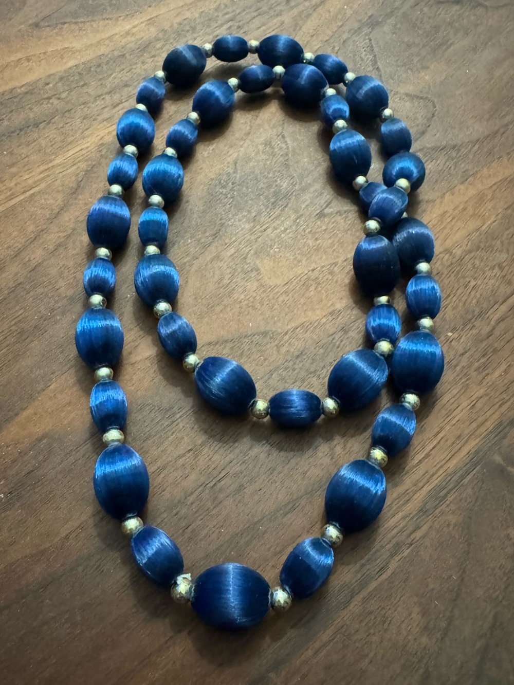 Vintage Blue Silk Wrapped Beaded Necklace w/Goldtoned Accents